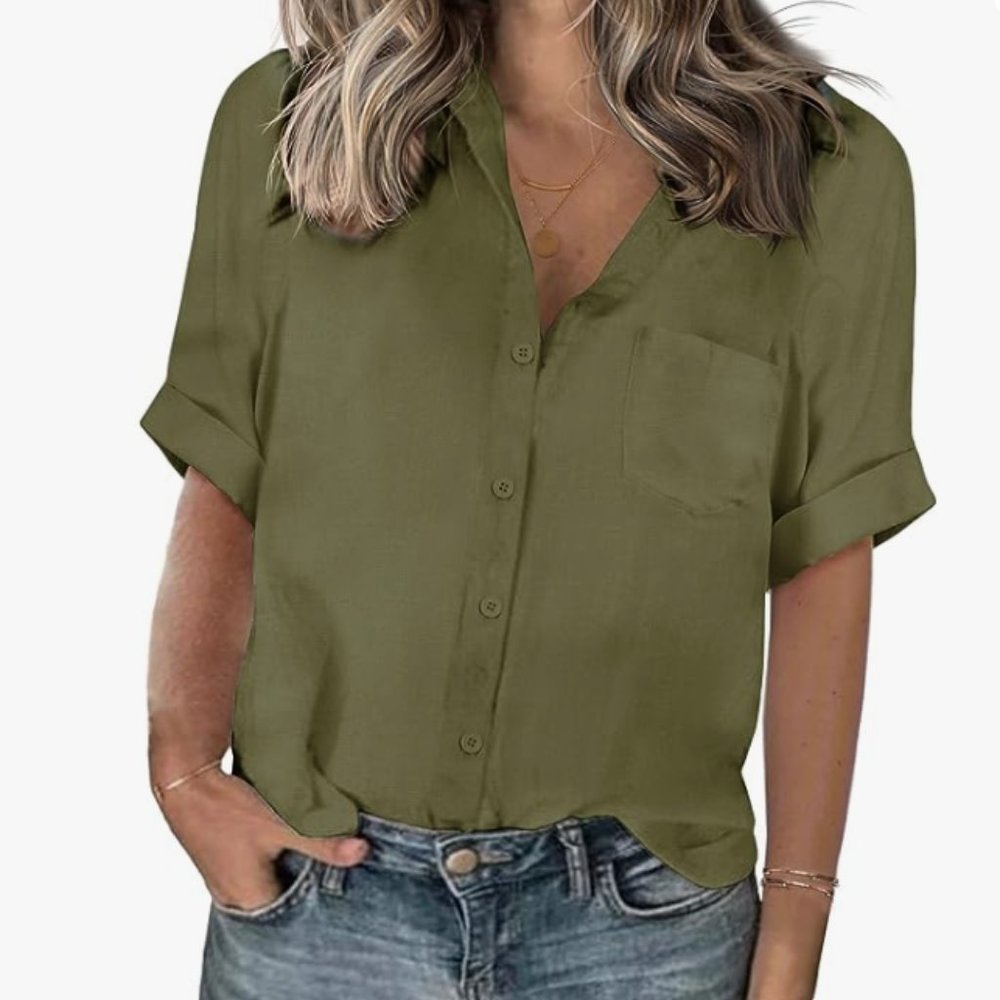 Army Green Women's Silky Button Up Blouse